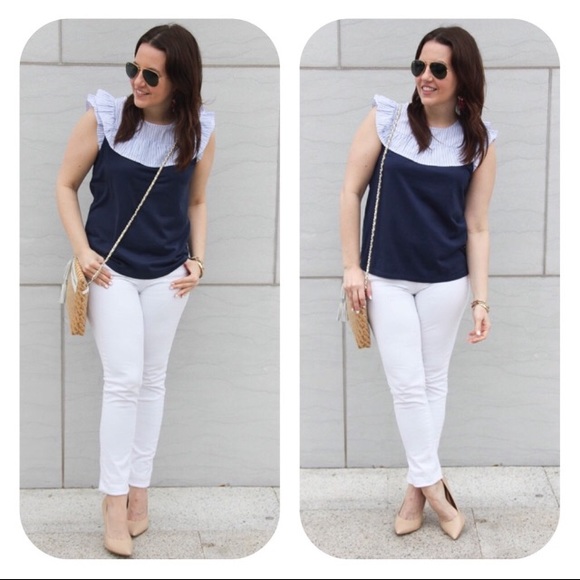 J. Crew Tops - J Crew Ruffle Neck Sleeveless Navy Bib Top